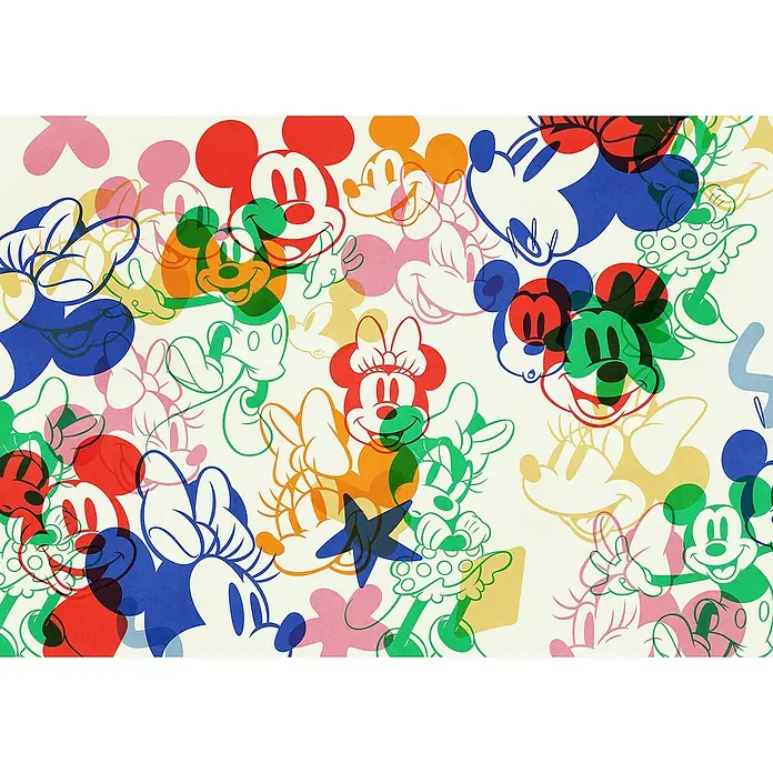 Komar Fototapete Disney Mickey & Minnie Mixture - B x H: 400 x 250 cm, Vlies - Buntes Mickey-Mouse-Muster mit überlappenden Silhouetten in Rot, Grün, Blau, Gelb und Orange. Ein verspieltes Design mit nostalgischem Charme für Disney-Fans.