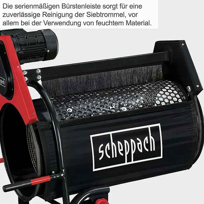Scheppach Rollsieb RS350 - 250 W - Die Scheppach Siebtrommel sorgt mit ihrer Bürstenleiste für eine zuverlässige Reinigung, besonders bei feuchtem Material.