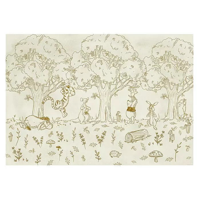 Komar Fototapete Disney Winnie the Pooh Outdoors - B x H: 400 x 250 cm, Vlies - Sepiafarbene Skizze der Winnie Puuh-Figuren im Wald: I-Aah, Tigger, Kanga, Ruh, Puuh und Kaninchen.