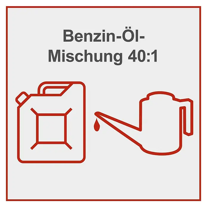 Scheppach Benzin-Kettensäge CSP2540 - 700 W, 25,4 cm³, Schwertlänge: 25 cm - Das Bild zeigt eine Illustration einer Benzin-Öl-Mischung im Verhältnis 40:1 mit Kanister und Ölkanne in roter Farbe auf grauem Hintergrund.