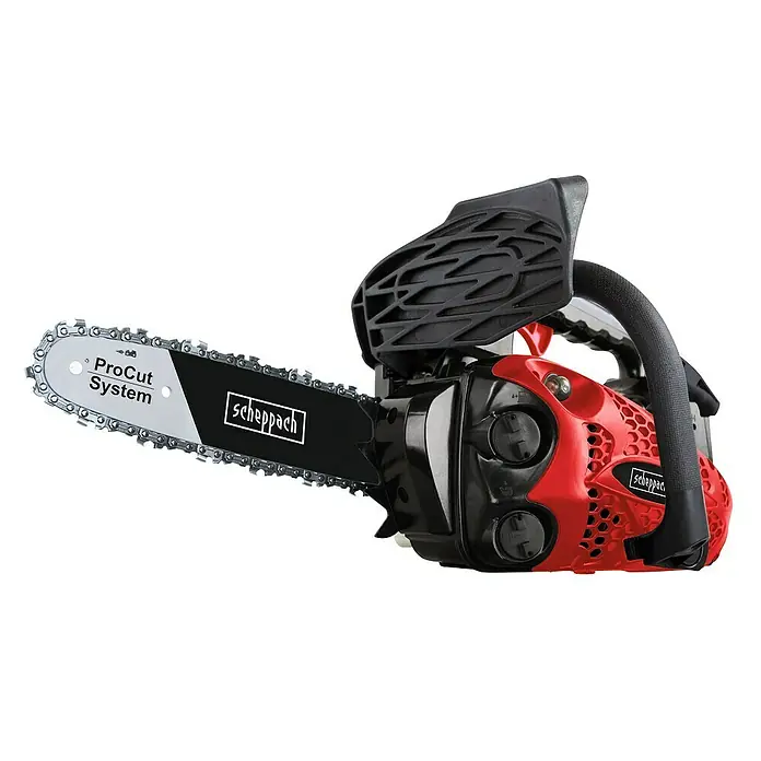 Scheppach Benzin-Kettensäge CSP2540 - 700 W, 25,4 cm³, Schwertlänge: 25 cm - Eine Scheppach Kettensäge mit ProCut System. Das Gerät ist rot und schwarz, mit einer robusten Kette für effiziente Schnitte im Garten.