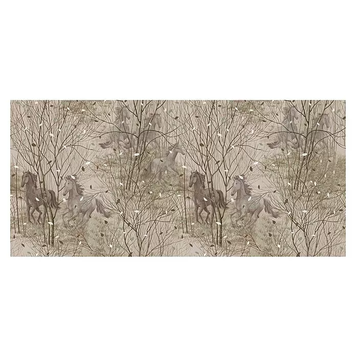 Komar Pure 2 Fototapete Free Spirit - B x H: 600 x 280 cm, Vlies - Nahtloses Muster galoppierender Pferde zwischen spärlichen Bäumen mit verstreuten Blättern in gedeckten Braun- und Beigetönen.