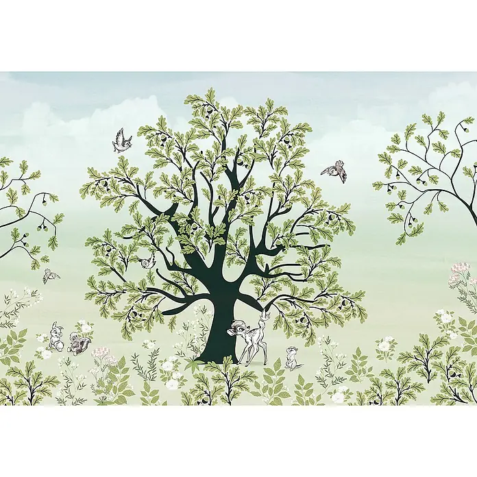Komar Fototapete Disney Bambi Forest Friends - B x H: 400 x 250 cm, Vlies - Bambi-Wandbild mit Baum, Eichhörnchen und Vögeln für Kinderzimmer. Waldtapete mit Rehkitz-Motiv für eine freundliche Atmosphäre.