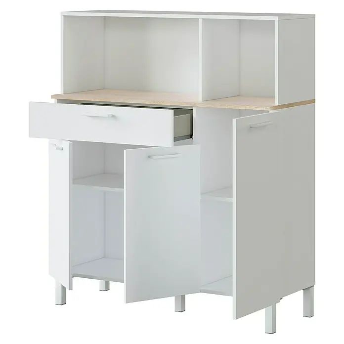 Aparador buffet Kira - L x An x Al: 40 x 108 x 126 cm, Blanco Artik/Roble Canadian, Número de cajones: 1 ud., Número de puertas: 3 ud. - En la imagen se ve un armario de cocina blanco con estantes abiertos y un cajón. Ideal para guardar utensilios.