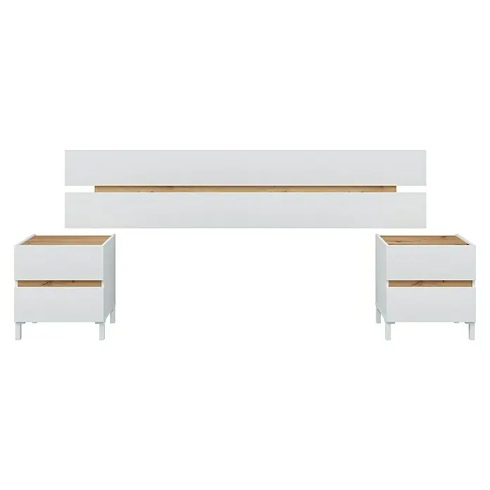 Cabecero de cama con mesitas y cómoda Tempus - 4 pzs., Blanco Artik/Roble Nodi - Cabecero blanco con dos mesitas de noche con diseño moderno y detalles en madera. Mobiliario de dormitorio elegante y funcional.