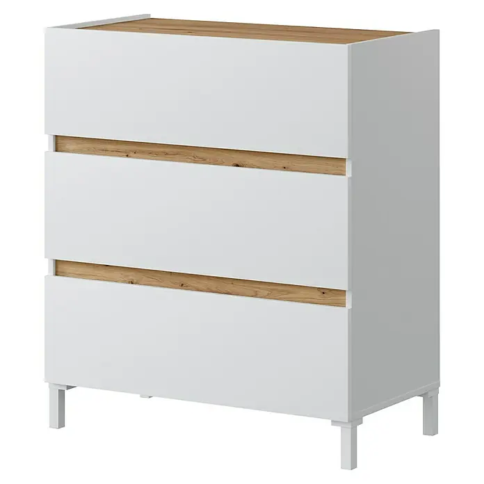 Cómoda Tempus - L x An x Al: 38 x 77 x 80 cm, Roble Nodi/Blanco Artik, Número de cajones: 3 ud. - Esta foto muestra una cómoda de tres cajones en blanco con detalles de madera, presentando un mueble moderno y elegante.