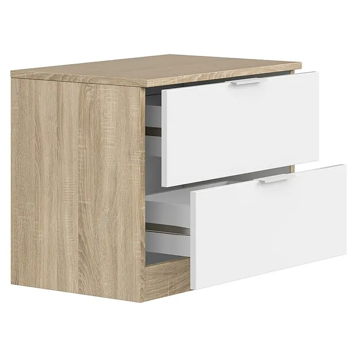 Cabecero de cama con mesitas Alaya - Roble Canadian/Blanco Artik, 3 pzs. - Mueble con textura de madera marrón claro y dos cajones blancos con tiradores sutiles.