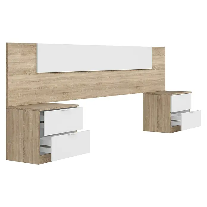 Cabecero de cama con mesitas Alaya - Roble Canadian/Blanco Artik, 3 pzs. - Una elegante combinación de dormitorio con un cabecero de madera clara y mesitas de noche a juego con cajones blancos.