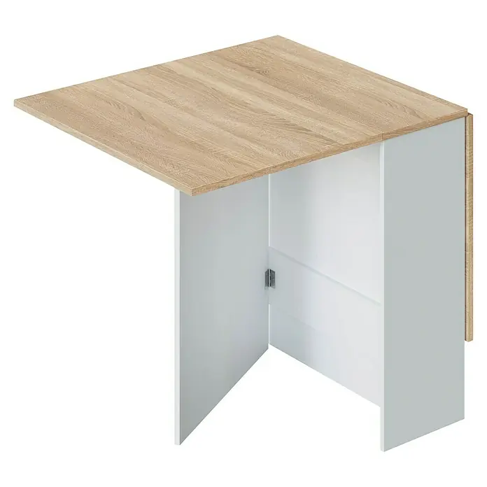 Mesa auxiliar Fly - L x An x Al: 31 x 77 x 78 cm, Blanco Artik/Roble Canadian, Abatible - Una mesa cuadrada plegable con una tapa de madera clara y una base blanca, ideal para espacios pequeños.