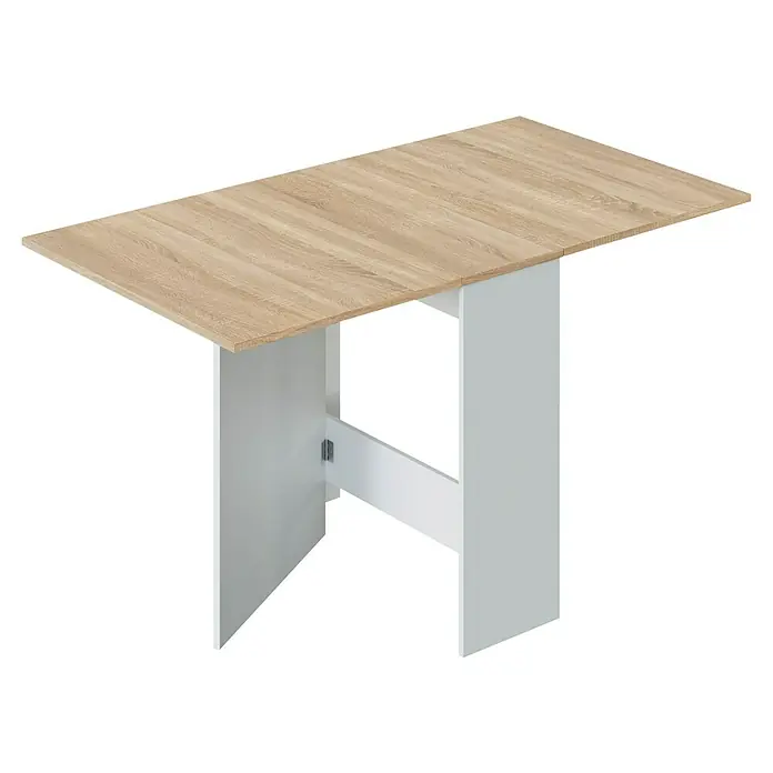 Mesa auxiliar Fly - L x An x Al: 31 x 77 x 78 cm, Blanco Artik/Roble Canadian, Abatible - Mesa plegable con diseño de madera clara y estructura blanca. Práctica y que ahorra espacio para cocina o comedor.