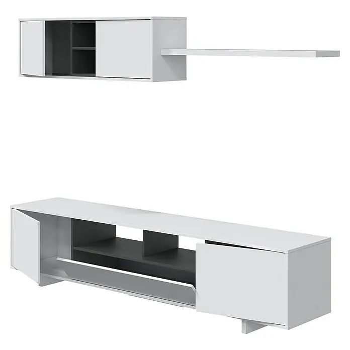 Conjunto mueble de salón Belus - Blanco Brillo/Gris Antracita, 3 pzs. - La imagen muestra un mueble de pared para TV moderno y blanco, con un armario colgante y un mueble bajo para la TV. Los muebles tienen compartimentos abiertos y cerrados.