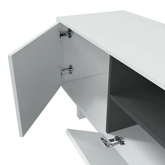 Conjunto mueble de salón Belus - Blanco Brillo/Gris Antracita, 3 pzs. - Primer plano de un mueble de TV blanco con puertas abiertas que revelan bisagras y un compartimento interior gris.