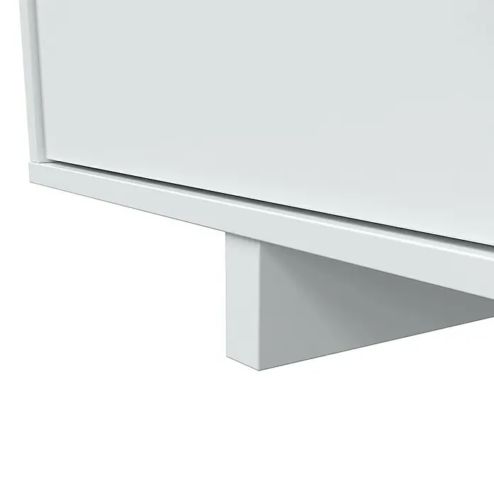 Conjunto mueble de salón Belus - Blanco Brillo/Gris Antracita, 3 pzs. - Vista detallada de un armario blanco con una estructura de soporte minimalista, destacando su diseño moderno y líneas limpias.