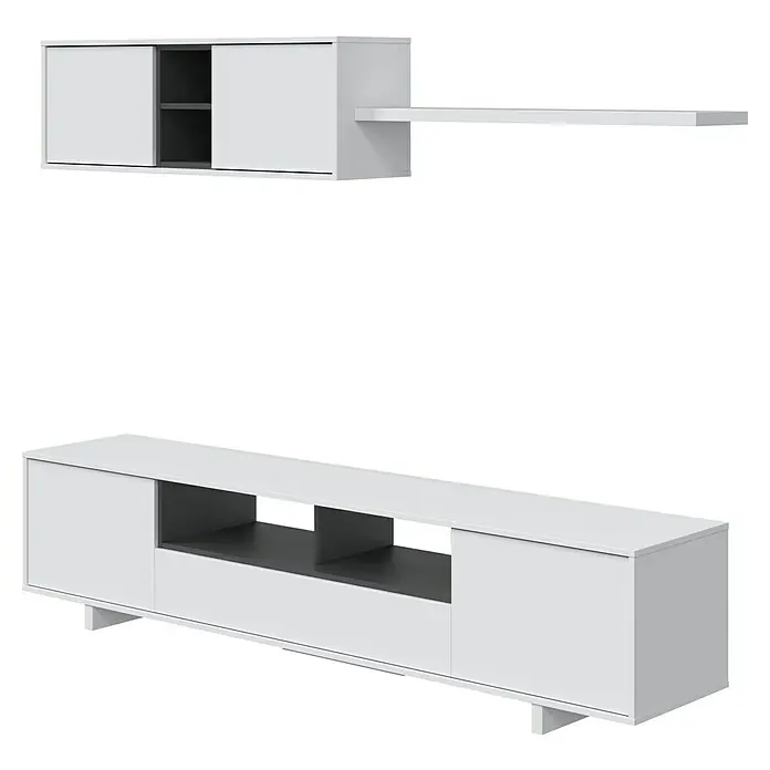 Conjunto mueble de salón Belus - Blanco Brillo/Gris Antracita, 3 pzs. - Mueble de pared blanco moderno con estantes abiertos y armario de pared para una organización elegante del salón.
