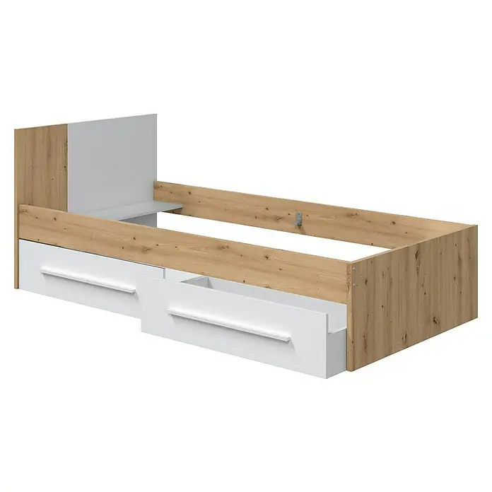 Armario para ropa y cama Noa - Roble Nodi/Blanco Artik - Vista de una estructura de cama con marco de madera y cajones de almacenamiento. La cama cuenta con un cabecero en tonos de madera y blanco.