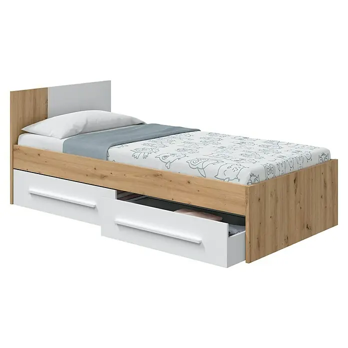 Armario para ropa y cama Noa - Roble Nodi/Blanco Artik - Cama con cajones de almacenamiento y estructura de madera clara. La cama tiene un cabecero blanco y un colchón con estampados de animales.