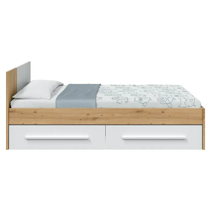 Armario para ropa y cama Noa - Roble Nodi/Blanco Artik - Esta cama infantil cuenta con un borde de madera clara, dos cajones y un diseño de ropa de cama alegre. Es un mueble funcional.
