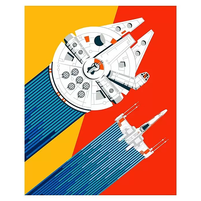 Komar Star Wars Fototapete Wingman - B x H: 200 x 250 cm, Vlies - Stilisiertes Star Wars Poster mit Millennium Falke und X-Wing diagonal auf rotem und gelbem Hintergrund.