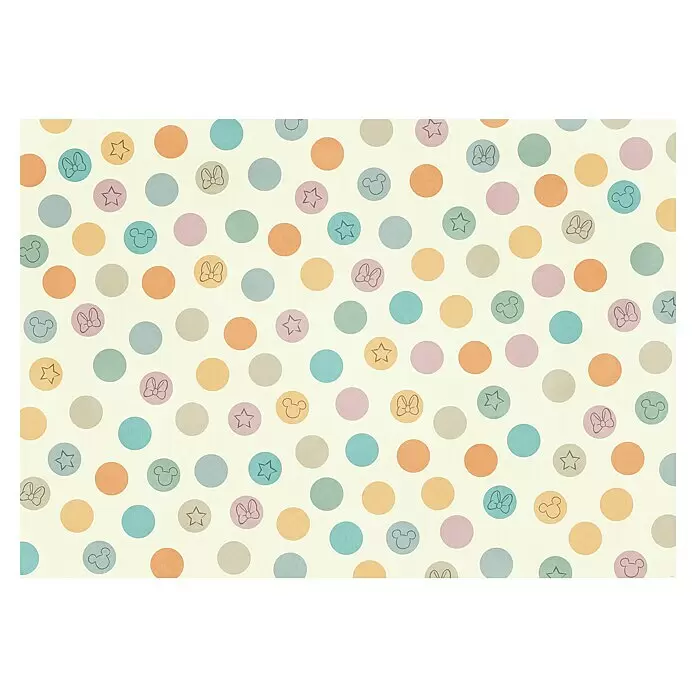 Komar Fototapete Disney Pastel Confetti - B x H: 400 x 250 cm, Vlies - Pastellfarbenes Polka-Dot-Muster mit Mickey-Maus-Köpfen, Minnie-Maus-Schleifen und Sternen auf hellgelbem Hintergrund.