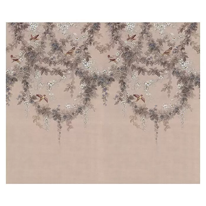 Komar Pure 2 Fototapete Symphony - B x H: 300 x 250 cm, Vlies - Elegantes Blumen- und Vogelmuster auf mattrosa Hintergrund, mit zarten Zweigen, weißen und blauen Blüten sowie kleinen Vögeln.
