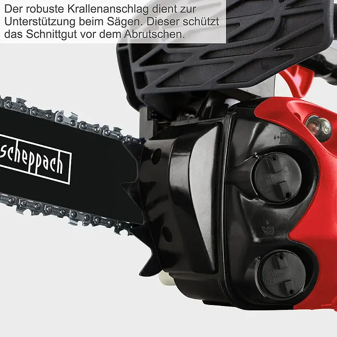 Scheppach Benzin-Kettensäge CSP2540 - 700 W, 25,4 cm³, Schwertlänge: 25 cm - Detailaufnahme einer Scheppach Kettensäge mit Krallenanschlag, der das Sägen unterstützt und das Abrutschen des Schnittguts verhindert.