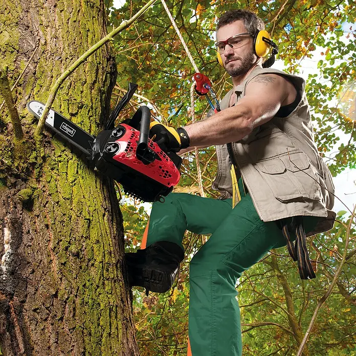 Scheppach Benzin-Kettensäge CSP2540 - 700 W, 25,4 cm³, Schwertlänge: 25 cm - Ein Mann klettert mit der Scheppach Kettensäge an einem Baum. Perfekt für Baumpflege und sicheres Arbeiten in luftiger Höhe.
