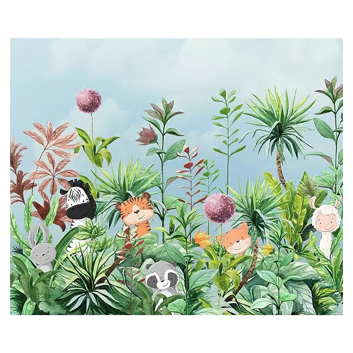 Komar Fototapete First Day of School - B x H: 300 x 250 cm, Vlies - Farbenfrohe Dschungelillustration mit fröhlichen Zeichentricktieren wie Zebra, Tiger, Hase, Waschbär, Fuchs und Lama vor blauem Himmel.