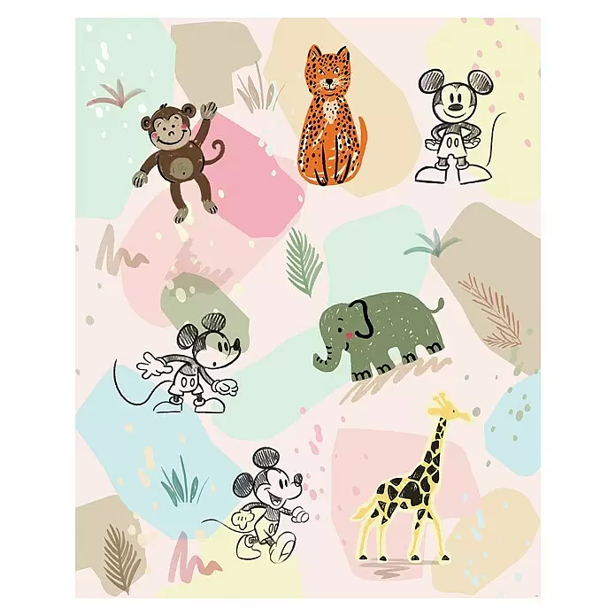 Komar Fototapete Disney Mickey Safari - B x H: 200 x 250 cm, Vlies - Cartoon-Dschungeltiere (Affe, Leopard, Elefant, Giraffe) und Mickey-Mouse-Figuren auf einem weichen, pastellfarbenen abstrakten Hintergrund.