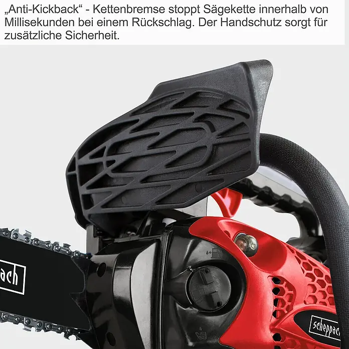 Scheppach Benzin-Kettensäge CSP2540 - 700 W, 25,4 cm³, Schwertlänge: 25 cm - Nahaufnahme einer Scheppach Kettensäge mit Kettenbremse und Handschutz für zusätzliche Sicherheit beim Sägen.