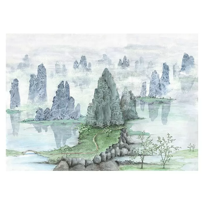 Komar Fototapete Fairyland - B x H: 350 x 250 cm, Vlies - Aquarelllandschaft mit nebligen, spitzen Bergen, die aus dem Wasser ragen, Pfad und Brücke im Vordergrund. Gedämpfte Grau-, Grün-, Blautöne.