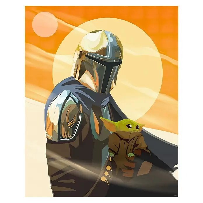 Komar Star Wars Fototapete The Mandalorian - Hunt for Grogu - B x H: 200 x 250 cm, Vlies - Illustratives Kunstwerk von The Mandalorian, der Grogu in einer Wüstenlandschaft mit zwei Sonnen hält.