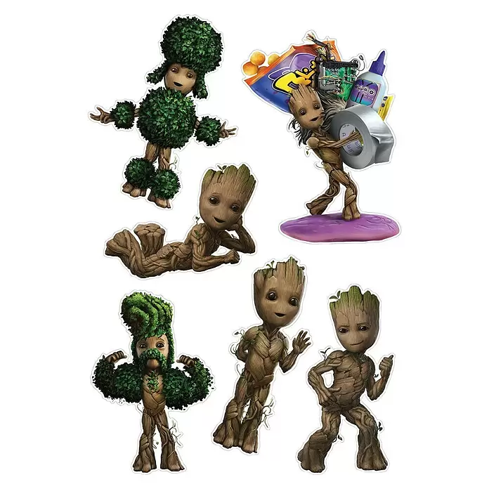 Komar Marvel Dekosticker I am Groot! - 70 x 50 cm - Sammlung von Baby Groot Stickern in verschiedenen Posen und blättrigen Kostümen, darunter ein Formschnitt und ein Starker Mann.