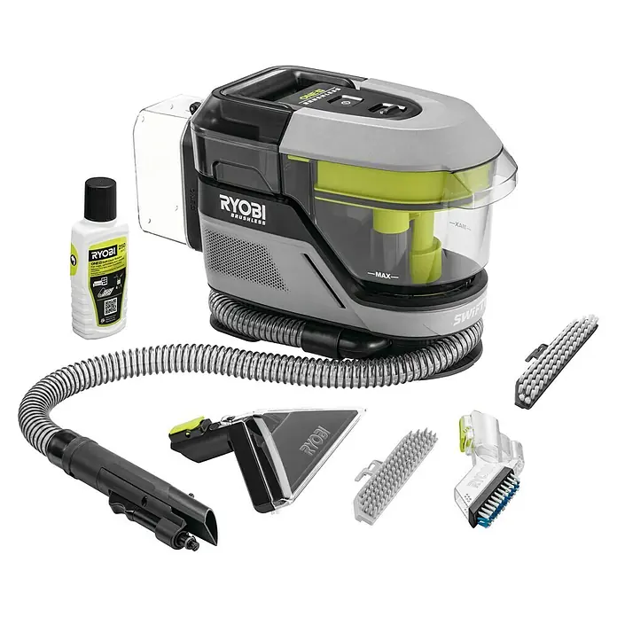 Ryobi ONE+ Akku-Waschsauger Pro RDC18BL-0 - 18 V, Ohne Akku, Behältervolumen: 1 l - Das Ryobi ONE+ Swift Clean-Gerät mit verschiedenen Aufsätzen und Reinigungsflüssigkeit für eine vielseitige Reinigung.