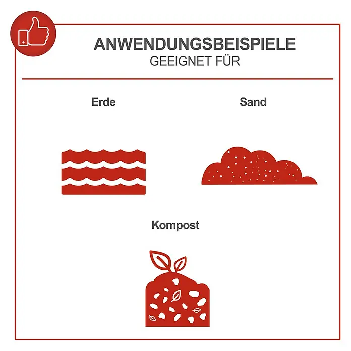 Scheppach Rollsieb RS350 - 250 W - Anwendungsbeispiele: Geeignet für Erde, Sand und Kompost, dargestellt durch rote Icons.