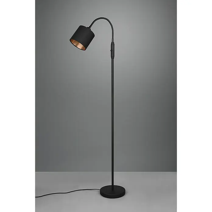 Reality Leuchten Tommy Stehleuchte - 40 W, Höhe: 130 cm, Schwarz/Gold, E14, 1 Stk. - Elegante schwarze Stehlampe mit nach unten gerichteter Leuchte und goldenem Interieur. Ideal für eine gemütliche Leseecke oder als Akzentbeleuchtung.
