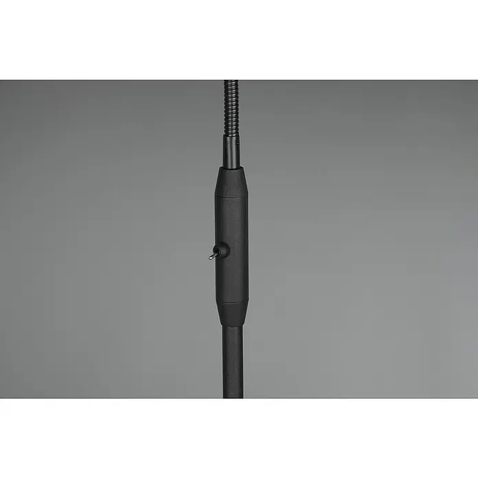 Reality Leuchten Tommy Stehleuchte - 40 W, Höhe: 130 cm, Schwarz/Gold, E14, 1 Stk. - Nahaufnahme eines schwarzen Schwanenhalsmikrofons mit Schalter und flexibler Halterung vor grauem Hintergrund.