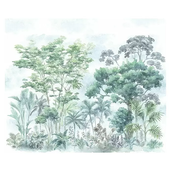 Komar Pure 2 Fototapete Pride Woods - B x H: 300 x 250 cm, Vlies - Aquarellmalerei einer ruhigen Dschungelszene mit verschiedenen tropischen Bäumen und Pflanzen in Grün-, Blau- und Grautönen.