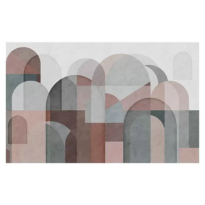 Komar Pure 2 Fototapete Archway - B x H: 400 x 250 cm, Vlies - Abstraktes geometrisches Muster mit überlappenden Bögen und Rechtecken in gedämpften Rosa-, Grau- und Blautönen.