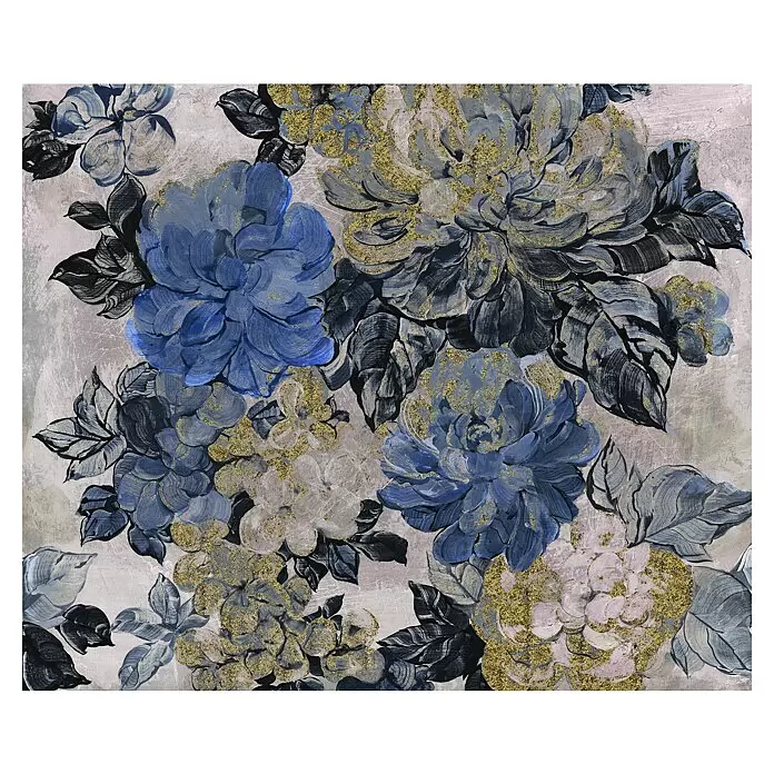 Komar Pure 2 Fototapete Vintage blue Garden - B x H: 300 x 250 cm, Vlies - Künstlerisches Gemälde blauer, grauer und weißer Blumen mit schimmernden Goldglitzerdetails, ideal zur Dekoration.