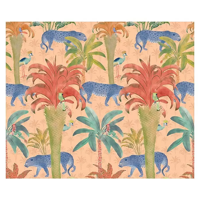 Komar Pure 2 Fototapete Safari Pattern - B x H: 300 x 250 cm, Vlies - Tropisches Muster mit blauen Leoparden, bunten Palmen und exotischen Vögeln auf pfirsichfarbenem Hintergrund.