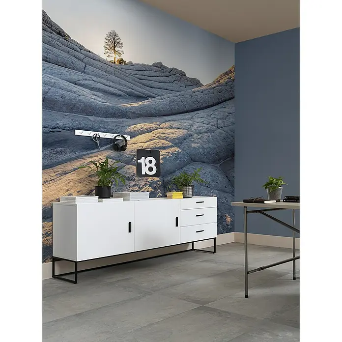 Komar Pure 2 Fototapete Elephant Skin - B x H: 400 x 250 cm, Vlies - Ein modernes Sideboard in Weiß mit schwarzen Akzenten, perfekt für stilvolle Aufbewahrung und Präsentation im Wohnbereich.