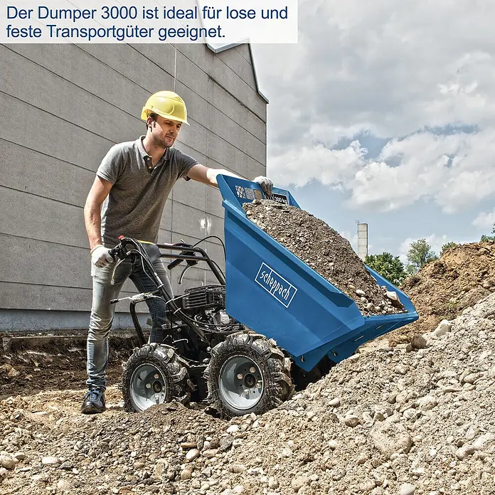Scheppach Raddumper DP 3000 - 4.100 W, 196 cm³, Fassungsvermögen: 125 l, Benzin - Der Scheppach Dumper 3000 ist ideal für den Transport von losen und festen Materialien. Ein zuverlässiger Helfer auf jeder Baustelle.
