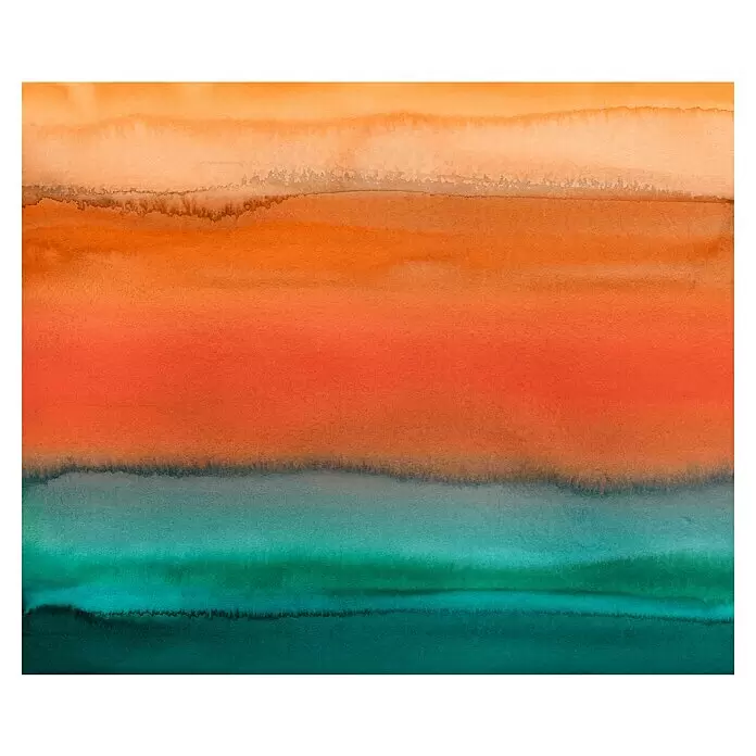Komar Pure 2 Fototapete Risveglio - B x H: 300 x 250 cm, Vlies - Aquarell-Farbverlauf mit horizontalen Streifen in Orange, Rot, Türkis und Dunkelgrün.