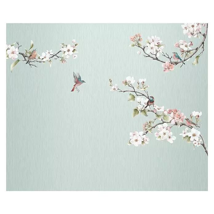 Komar Pure 2 Fototapete Apple Blossom - B x H: 300 x 250 cm, Vlies - Aquarellvögel und rosa Blüten an Ästen.