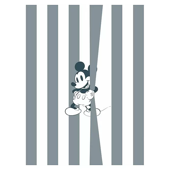 Komar Fototapete Mickey Offbeat - B x H: 250 x 200 cm, Vlies - Mickey Maus lugt lächelnd hinter vertikalen grau-weißen Streifen hervor.