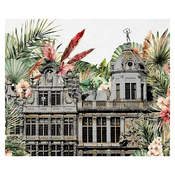 Komar Pure 2 Fototapete Tropical Palace - B x H: 300 x 250 cm, Vlies - Digitale Kunstcollage grauer historischer Gebäude, verwoben mit lebhaften Aquarell-Tropenpflanzen und exotischen Blumen.