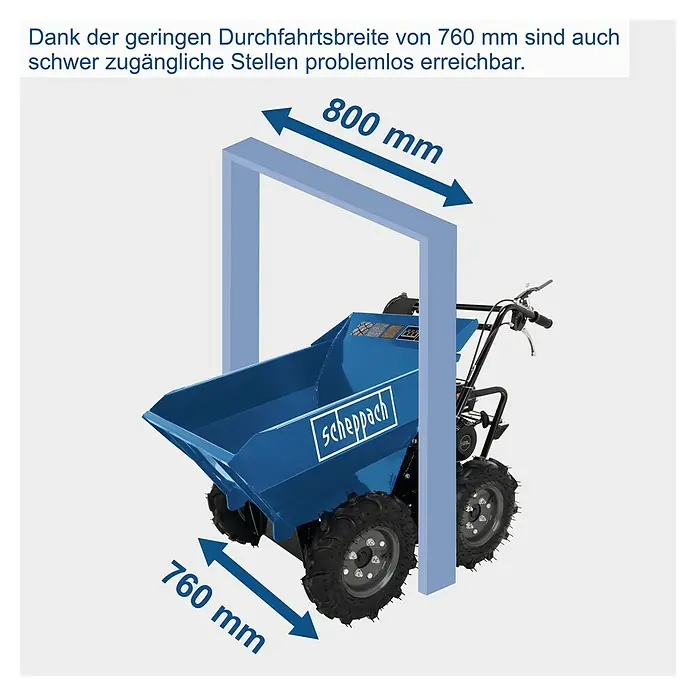 Scheppach Raddumper DP 3000 - 4.100 W, 196 cm³, Fassungsvermögen: 125 l, Benzin - Abbildung eines Scheppach-Motor-Duo-Dumpers, der die kompakte Bauweise und Wendigkeit für schwer zugängliche Bereiche hervorhebt.