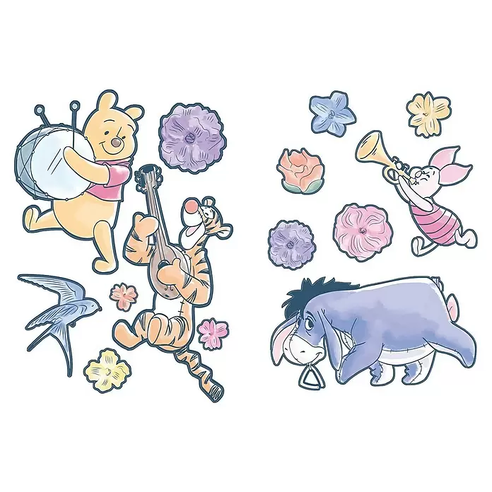 Komar Winnie Puuh Dekosticker Winnie the Pooh Rock-a-bye - 70 x 50 cm - Aquarellskizzen von Pooh mit Trommel, Tigger mit Gitarre, Ferkel mit Trompete, I-Aah, einem Vogel und verschiedenen bunten Blumen.
