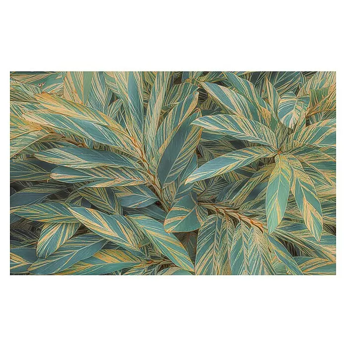 Komar Pure 2 Fototapete Amazonia Vibes - B x H: 400 x 250 cm, Vlies - Dichtes Laub von panaschierten Blättern in blaugrünen und orange-gelben Streifen.