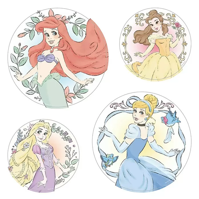 Komar Fenstersticker Disney Princess Kindness Bubbles - 30 x 30 cm - Vier runde Aufkleber mit Aquarell-Illustrationen der Disney-Prinzessinnen Arielle, Belle, Rapunzel und Cinderella mit Blumendetails.